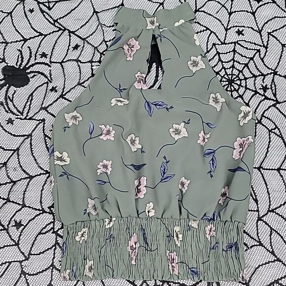 Olive Green Floral Keyhole Halter Top - Picture 1 of 5